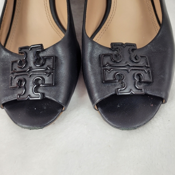 Tory Burch Black Pebble Leather Chelsea Wedge Heels Size 10.5 W peeptoe - Picture 2 of 11